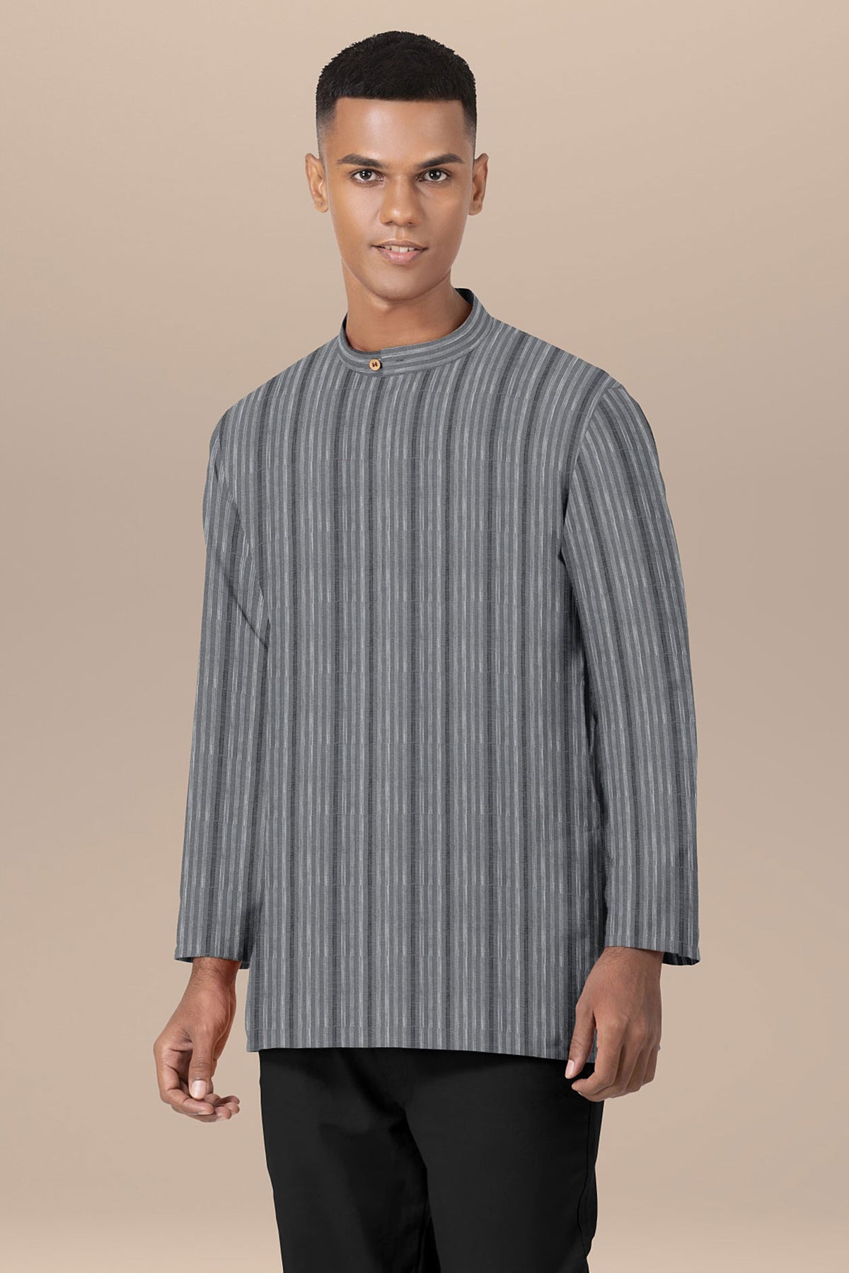 Chinese Collar Placket In Stripes Grey Cotton Short Kurta