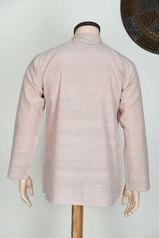 Chinese Collar Placket With Monochrome Stripes Pastel Pink Cotton Short Kurta