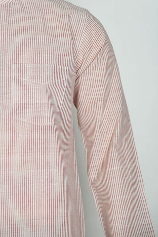 Chinese Collar Placket With Monochrome Stripes Pastel Pink Cotton Short Kurta