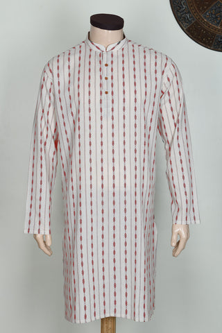 Chinese Collar Placket With Stripes Off White Dobby Cotton Long Kurta