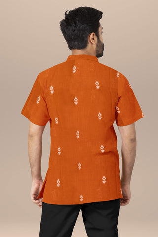 Chinese Collar Placket With Thread Work Buttas Orange Cotton Short Kurta