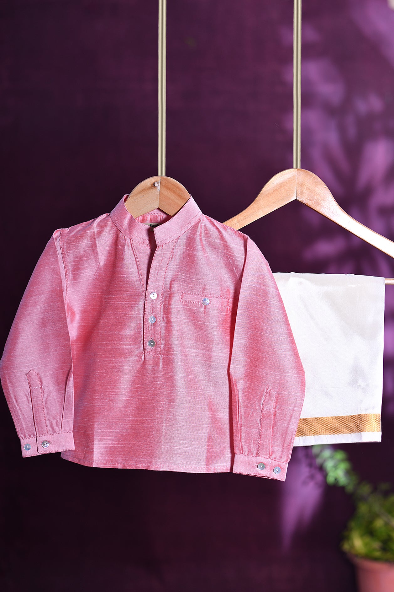 Chinese Collar Plain Baby Pink Kurta With Dhoti Set