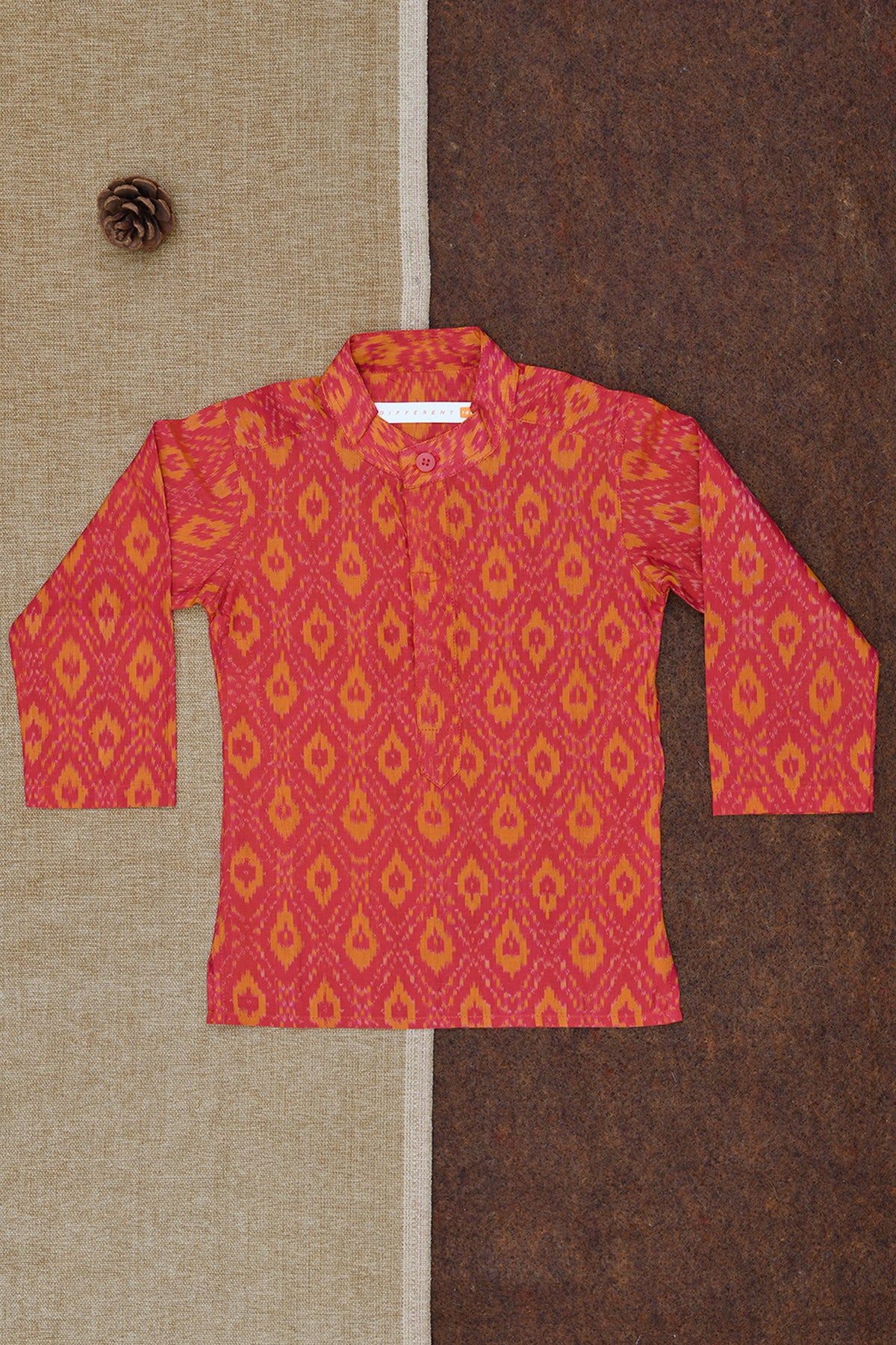 Chinese Collar Reddish Orange Ikat Silk Kurta
