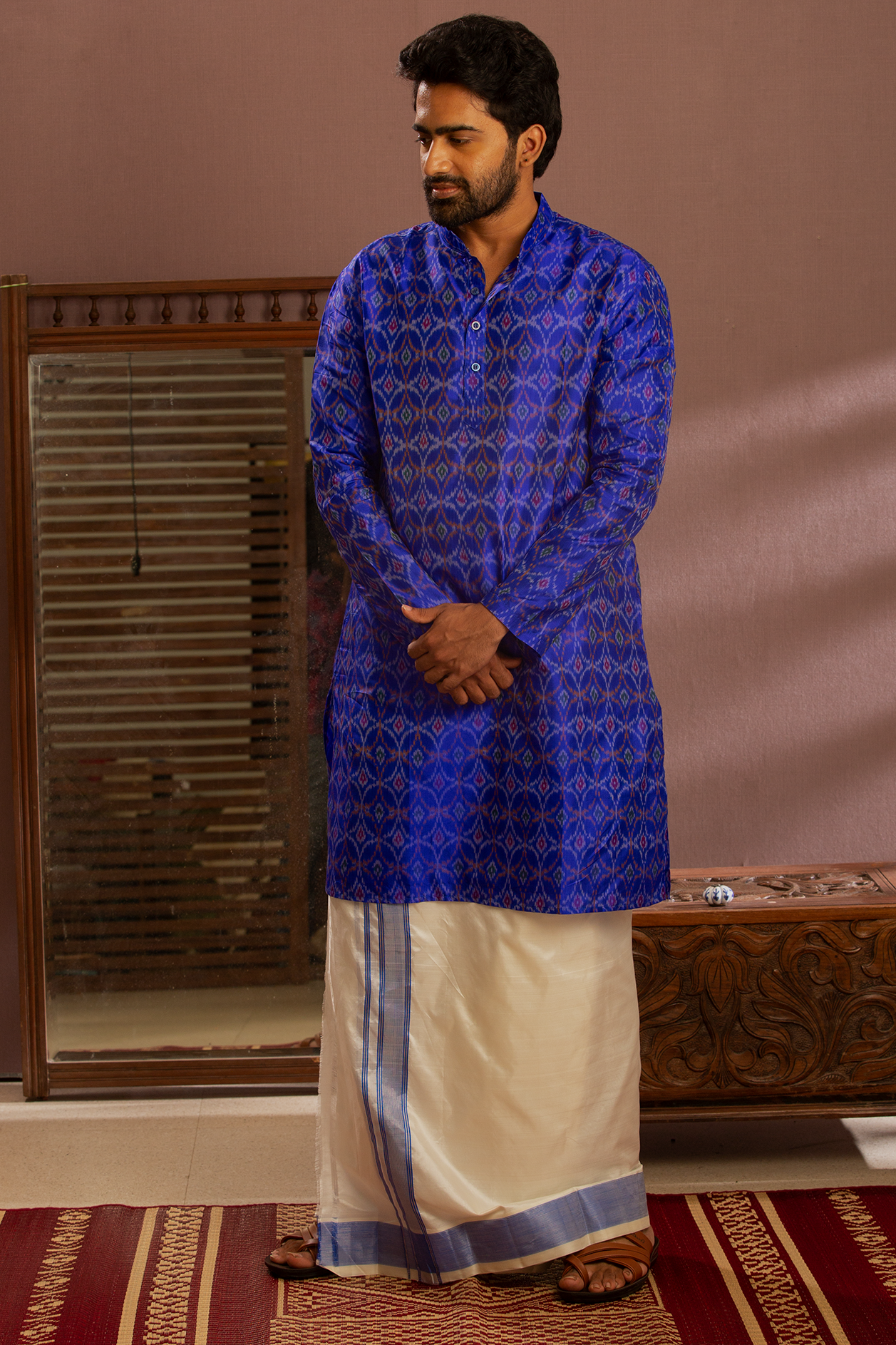 Chinese Collar Royal Blue Pochampally Kurta With Dhoti Set