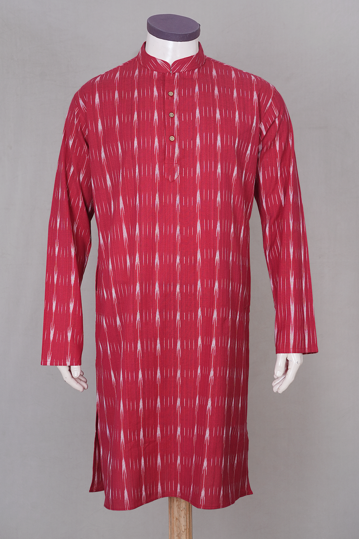 Chinese Collar Stripe Design Ruby Red Ikat Cotton Long Kurta