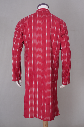 Chinese Collar Stripe Design Ruby Red Ikat Cotton Long Kurta