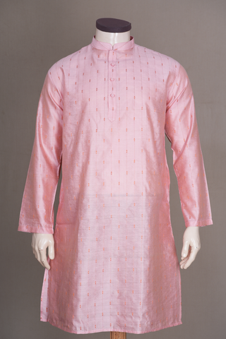 Chinese Collar Stripes Design Peach Pink Cotton Long Kurta