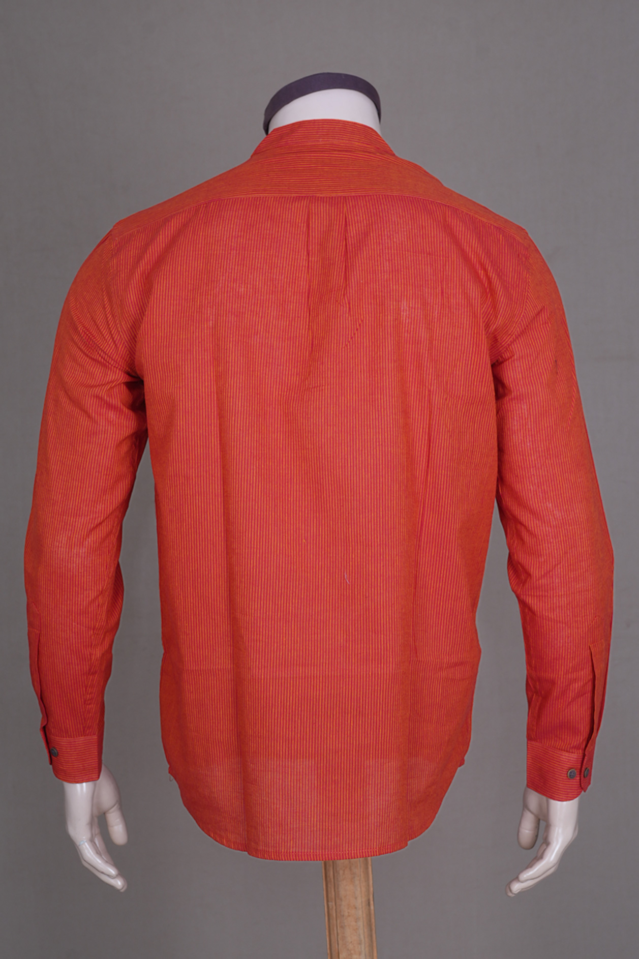 Chinese Collar Red And Orange Stripes Cotton Short Kurta