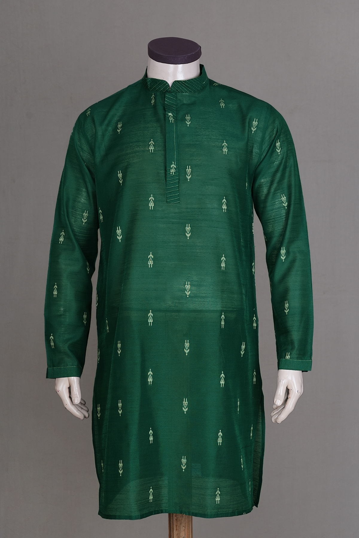 Chinese Collar Threadwork Buttas Green Raw Silk Long Kurta