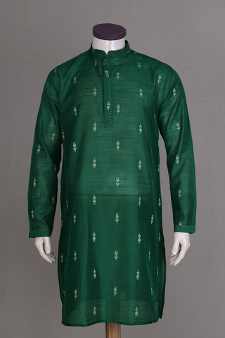 Chinese Collar Threadwork Buttas Green Raw Silk Long Kurta