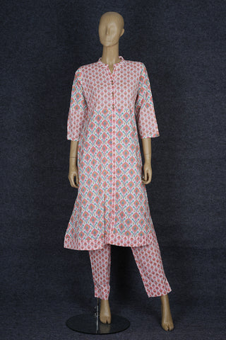 Chinese Collar White And Pink Printed Cotton Salwar Set