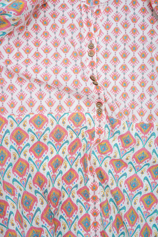 Chinese Collar White And Pink Printed Cotton Salwar Set