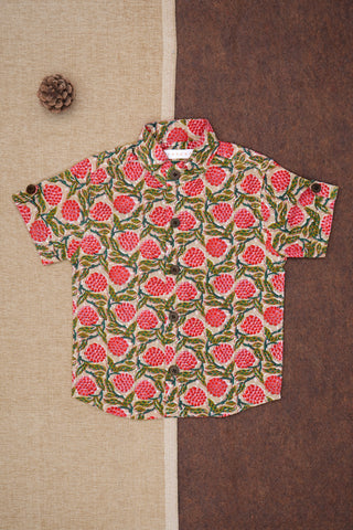 Chinese Collar With Floral Printed Beige Cotton Shirt