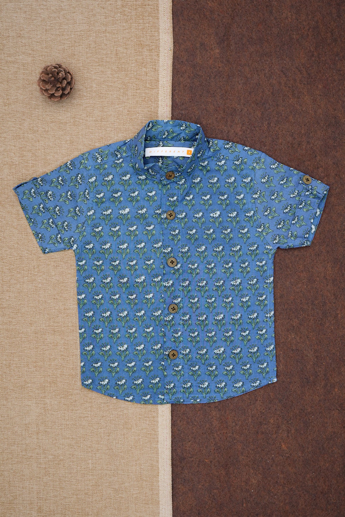 Chinese Collar With Floral Printed Blue Cotton Shirt