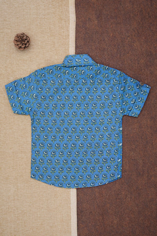 Chinese Collar With Floral Printed Blue Cotton Shirt