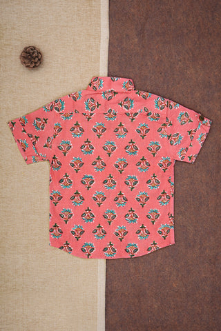 Chinese Collar With Floral Printed Pink Cotton Shirt