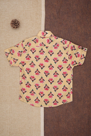 Chinese Collar With Floral Printed Tan Cotton Shirt