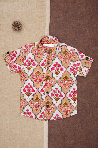 Chinese Collar With Floral Printed Yellowish Beige And Off White Cotton Shirt