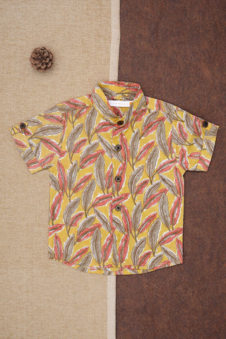 Chinese Collar With Jaipur Printed Yellow Cotton Shirt