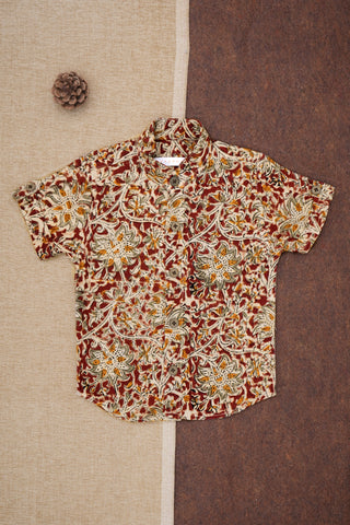 Chinese Collar With Kalamkari Printed Maroon Cotton Shirt