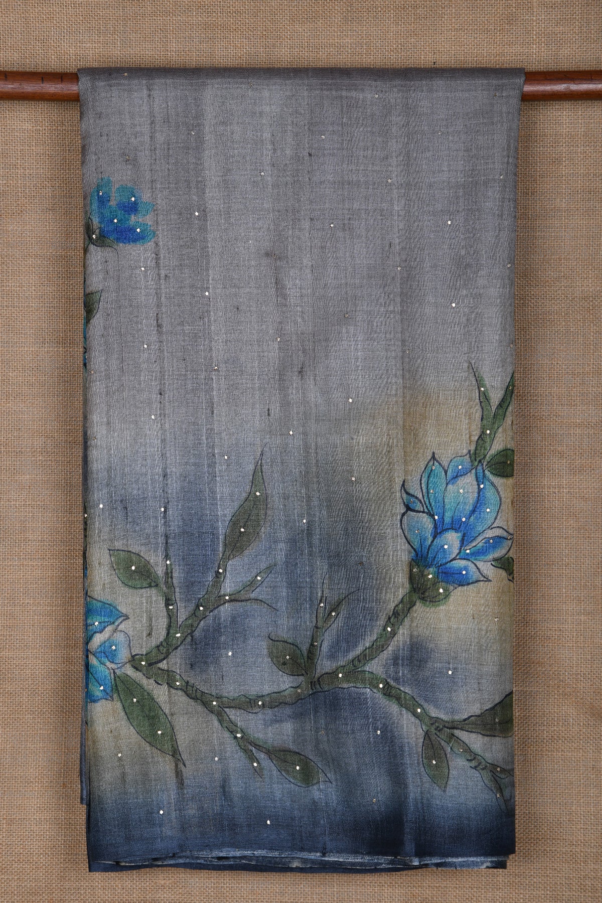 Badla Work With Botanical Digital Printed Grey Tussar Silk Saree