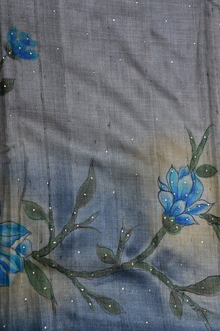 Badla Work With Botanical Digital Printed Grey Tussar Silk Saree