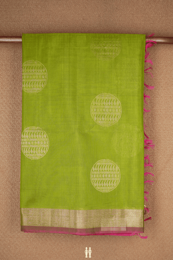 Circle Zari Motifs Pear Green Kora Silk Cotton Saree
