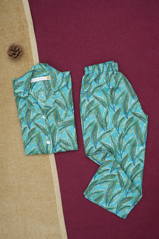 Resort Collar Button Down Jaipur Printed Blue Cotton Night Suit Set