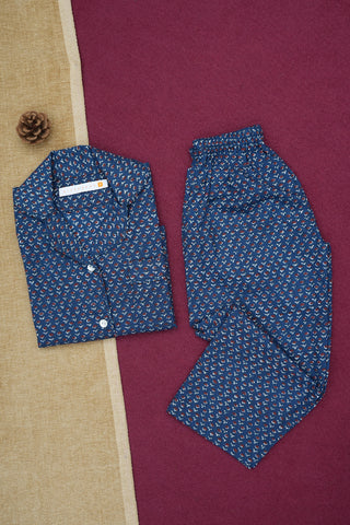 Resort Collar Button Down Jaipur Printed Navy Blue Cotton Night Suit Set