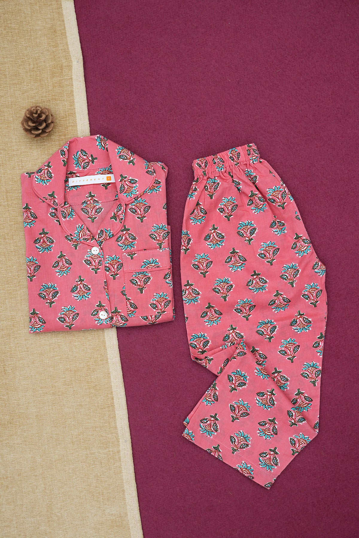 Resort Collar Button Down Jaipur Printed Pink Cotton Night Suit Set
