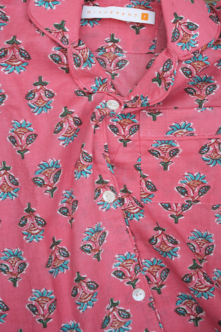 Resort Collar Button Down Jaipur Printed Pink Cotton Night Suit Set