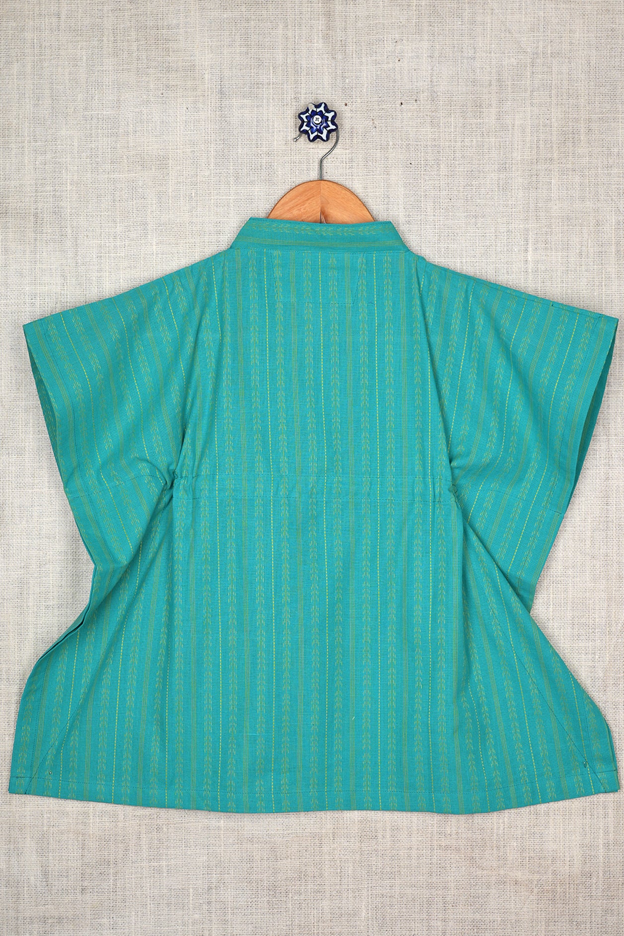 V-Collar Neck Stripes Design Sea Blue Cotton Kaftan