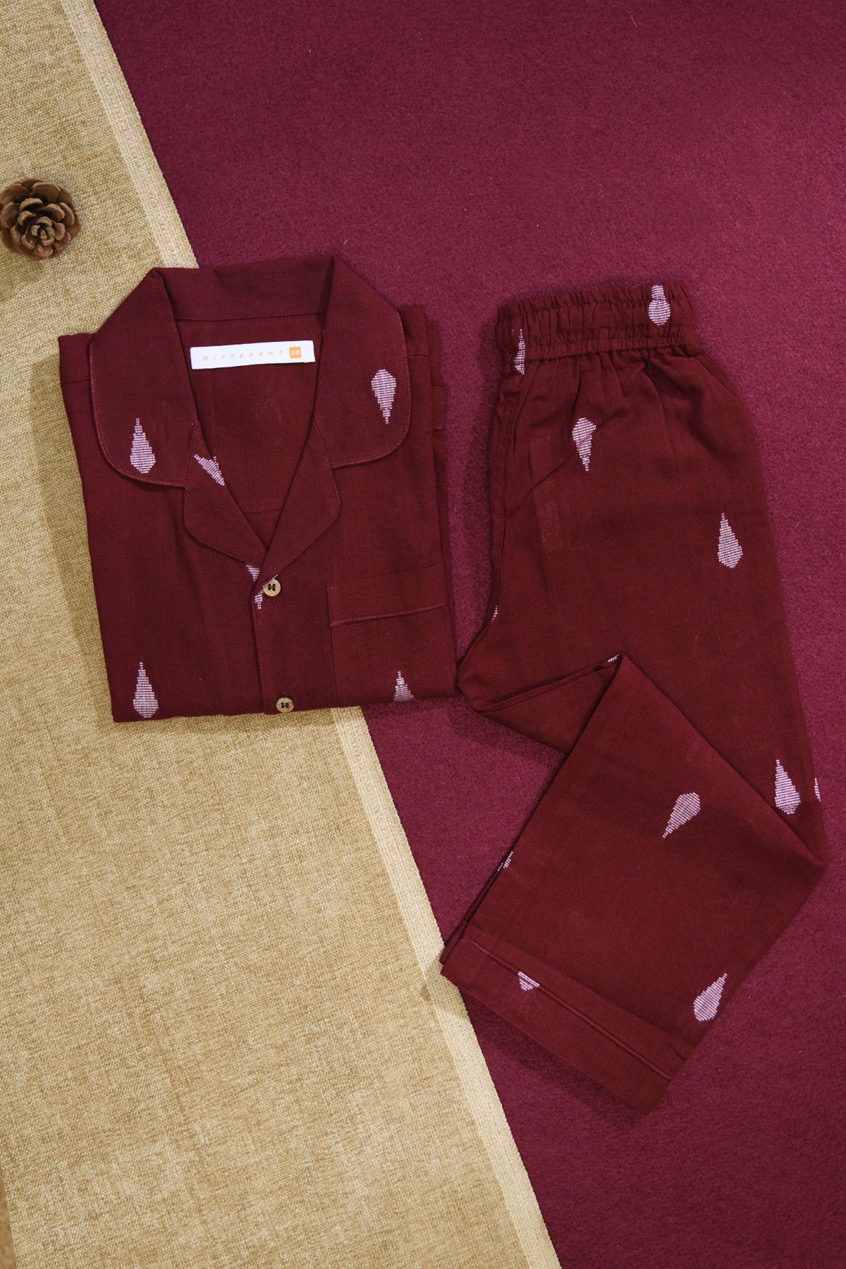 Camp Collar Shirt And Pant Set Kids Night Suit In Maroon Dobby Cotton