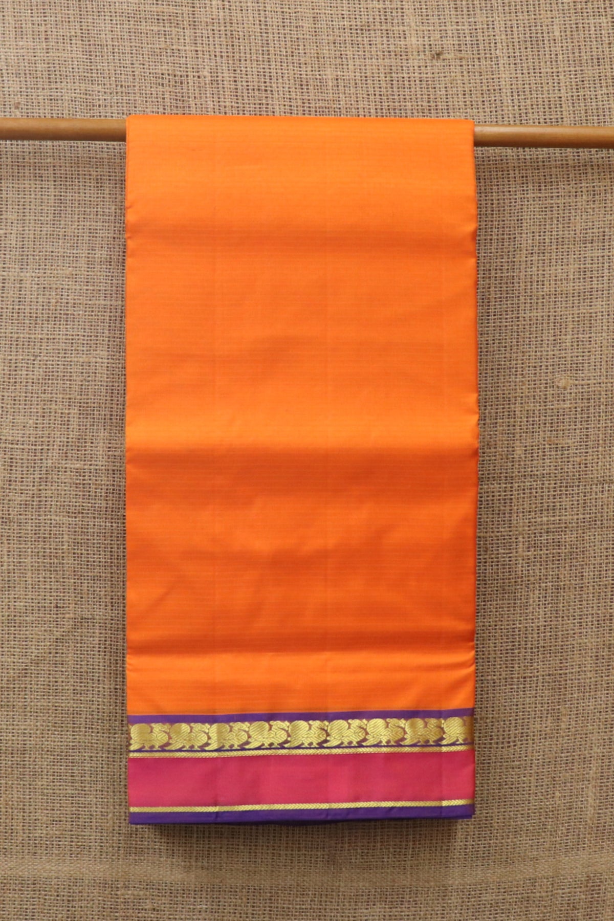 Contrast Annam Zari Border In Plain Bright Orange Nine Yards Kanchipuram Silk Saree