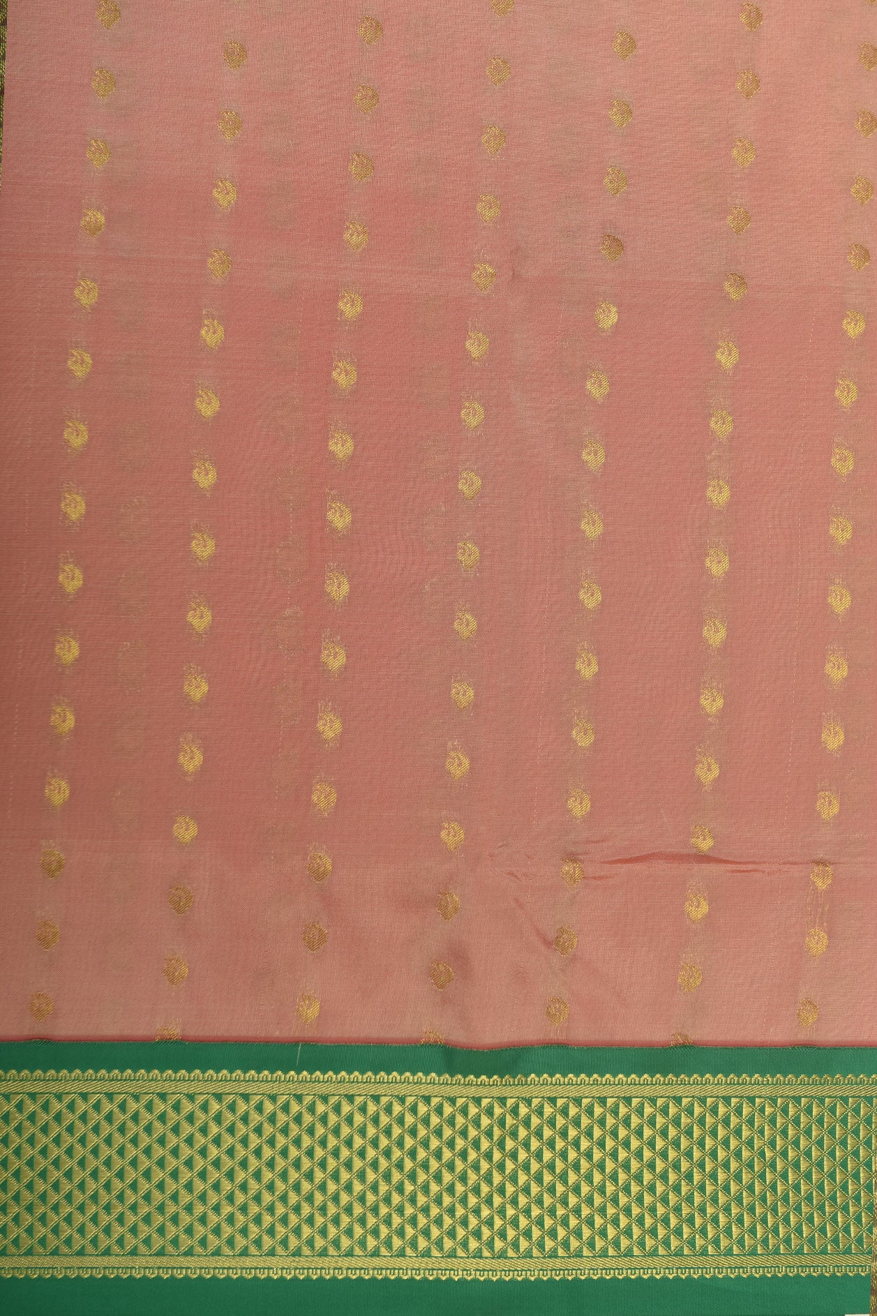 Contrast Arai Madam Border In Buttis Peach Pink Kalyani Art Silk Saree