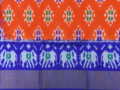 Contrast Bavanchi Border With Ikat Design Bright Orange Pochampally Silk Unstitched Pavadai Sattai Material