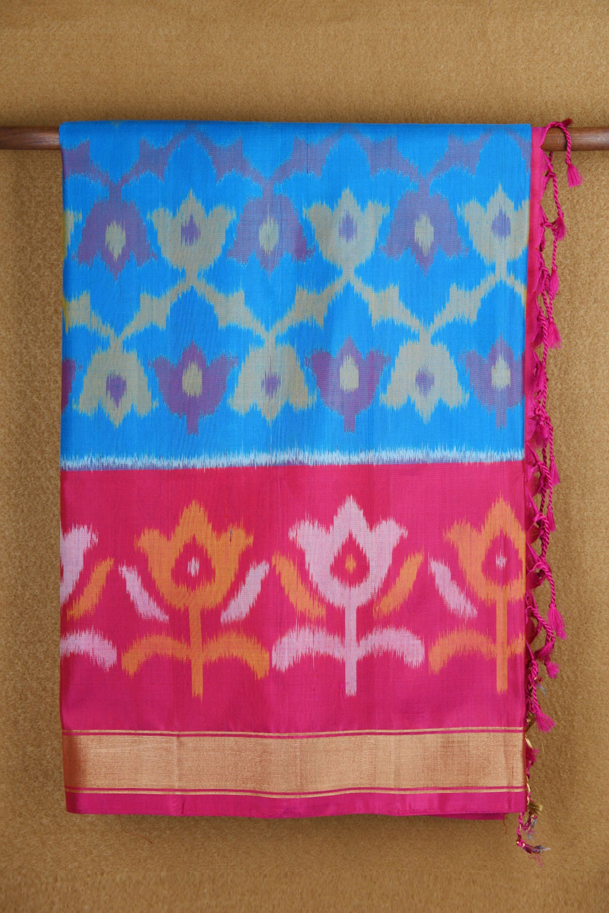 Contrast Bavanchi Border With Ikat Design Ramar Blue Soft Silk Saree