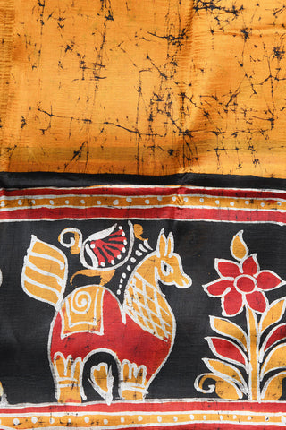 Contrast Big Border With Allover Design Mustard Batik Printed Silk Saree
