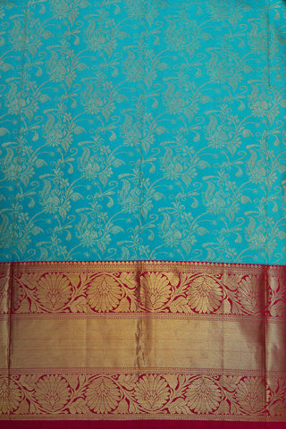 Big Contrast Border With Floral Peacock Design Turquoise Blue Kanchipuram Silk Saree