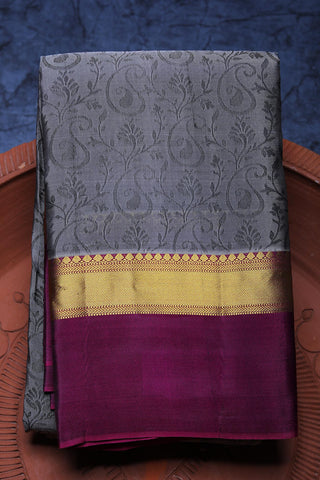 Contrast Border With Thread Work Paisley Design Grey Kanchipuram Silk Saree