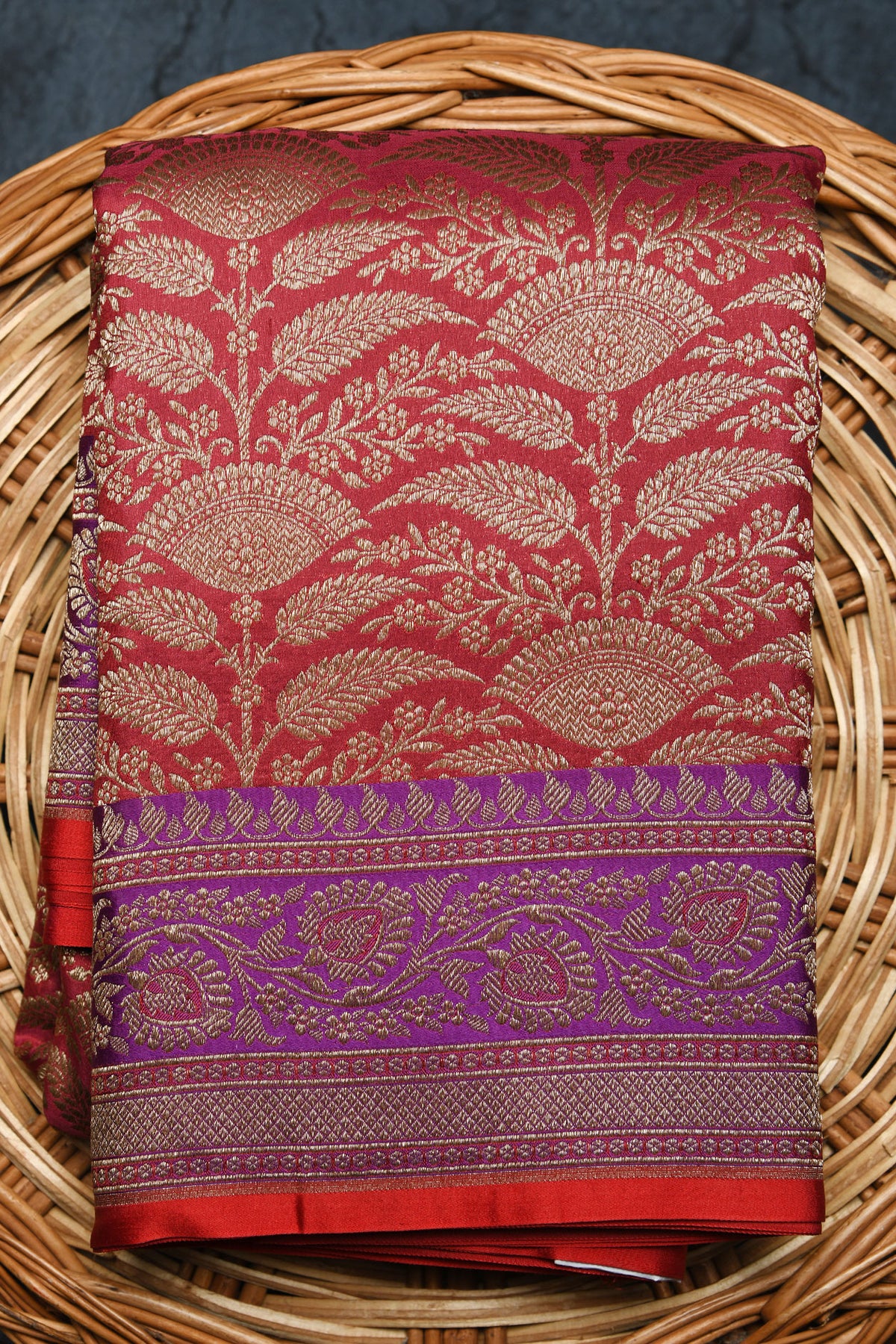 Contrast Border Antique Zari With Floral Design Maroon Banaras Silk Saree