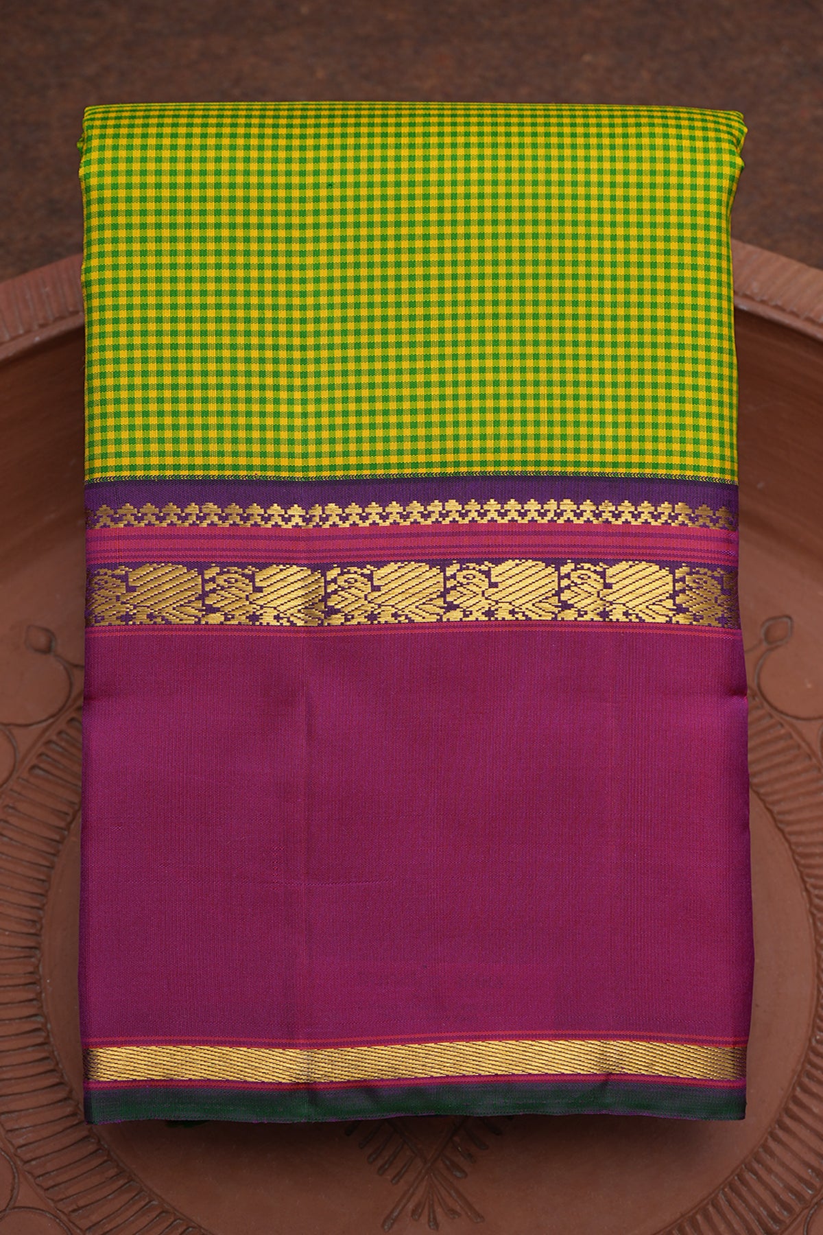 Contrast Border Green And Yellow Kanchipuram Silk Saree