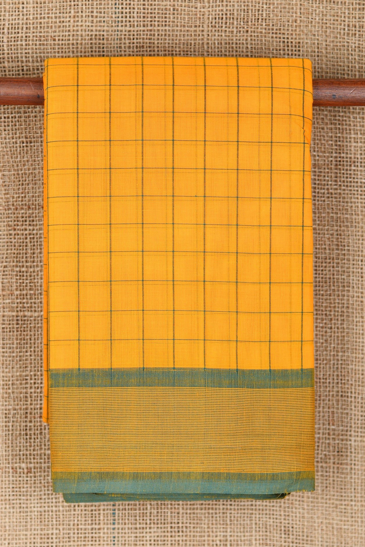 Contrast Border In Checks Mango Yellow Chettinad Cotton Saree