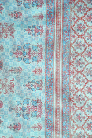 Contrast Border In Floral Butta Pastel Blue Semi Kota Cotton Saree