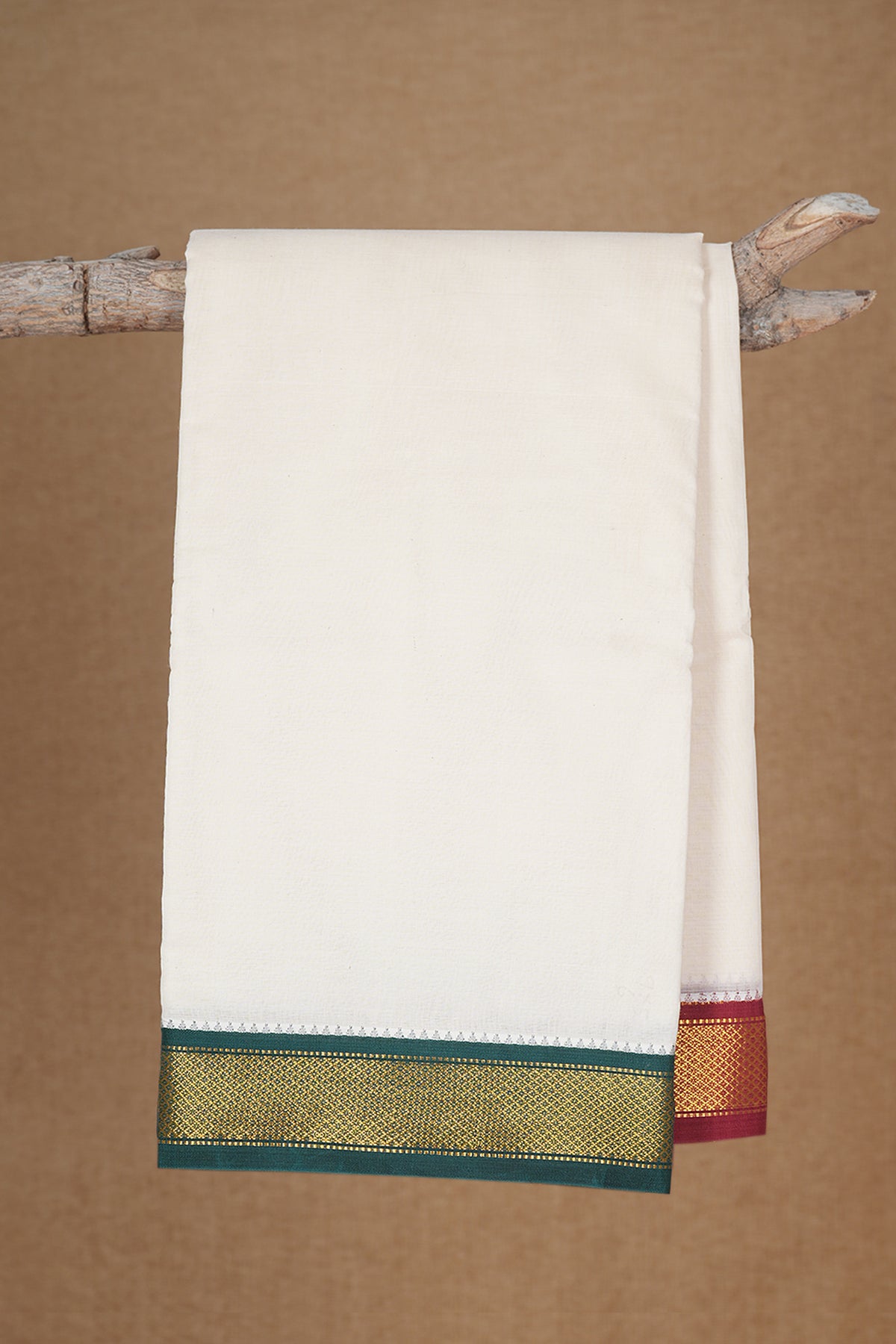 Contrast Border Off White Cotton Dhoti With Angavastram Set