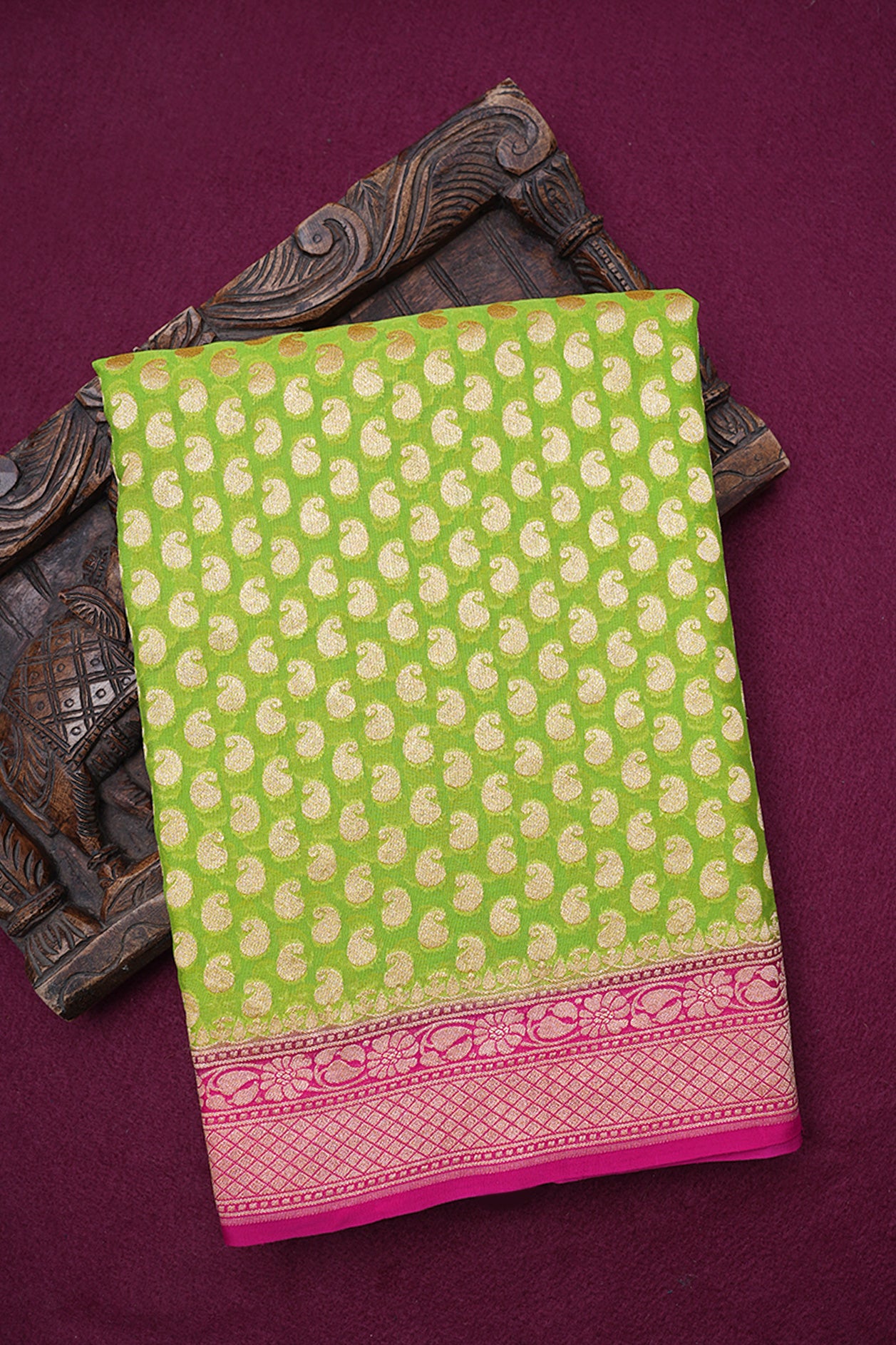Allover Paisley Design Parrot Green Georgette Saree