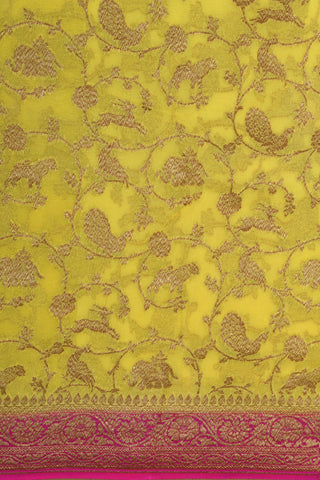 Contrast Border With Antique Zari Jangla Pattern Yellow Banaras Georgette Saree