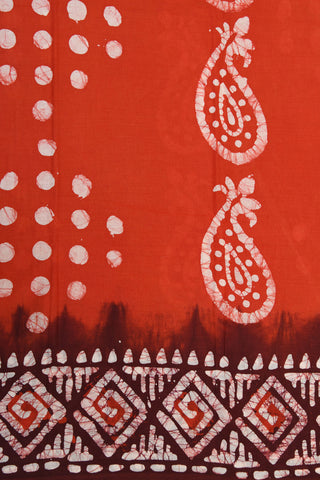 Contrast Border With Batik Printed Bright Orange Cotton Saree