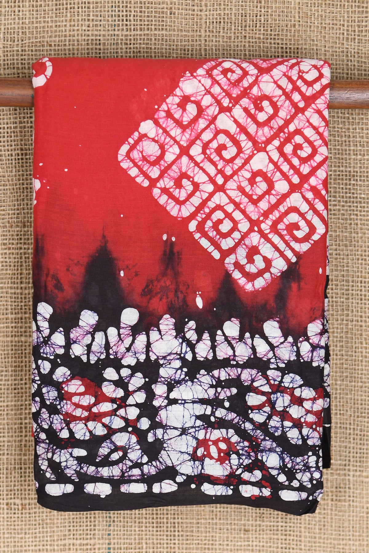 Contrast Border With Batik Printed Ochre Red Cotton Saree