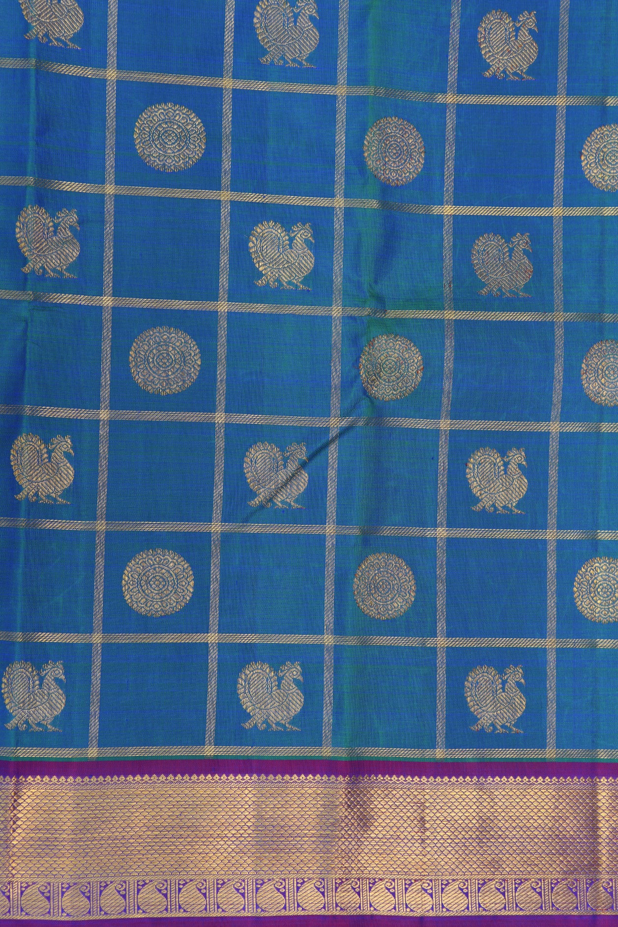 Contrast Border With Checks And Butta Peacock Blue Kanchipuram Silk Saree